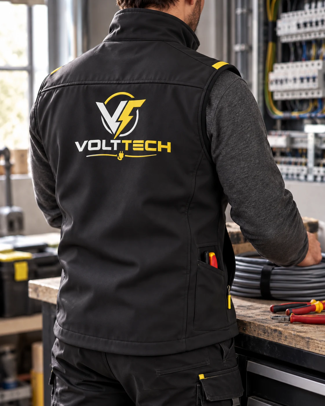 Ilustrativni prikaz VoltTech prsluka s logotipom na leđima